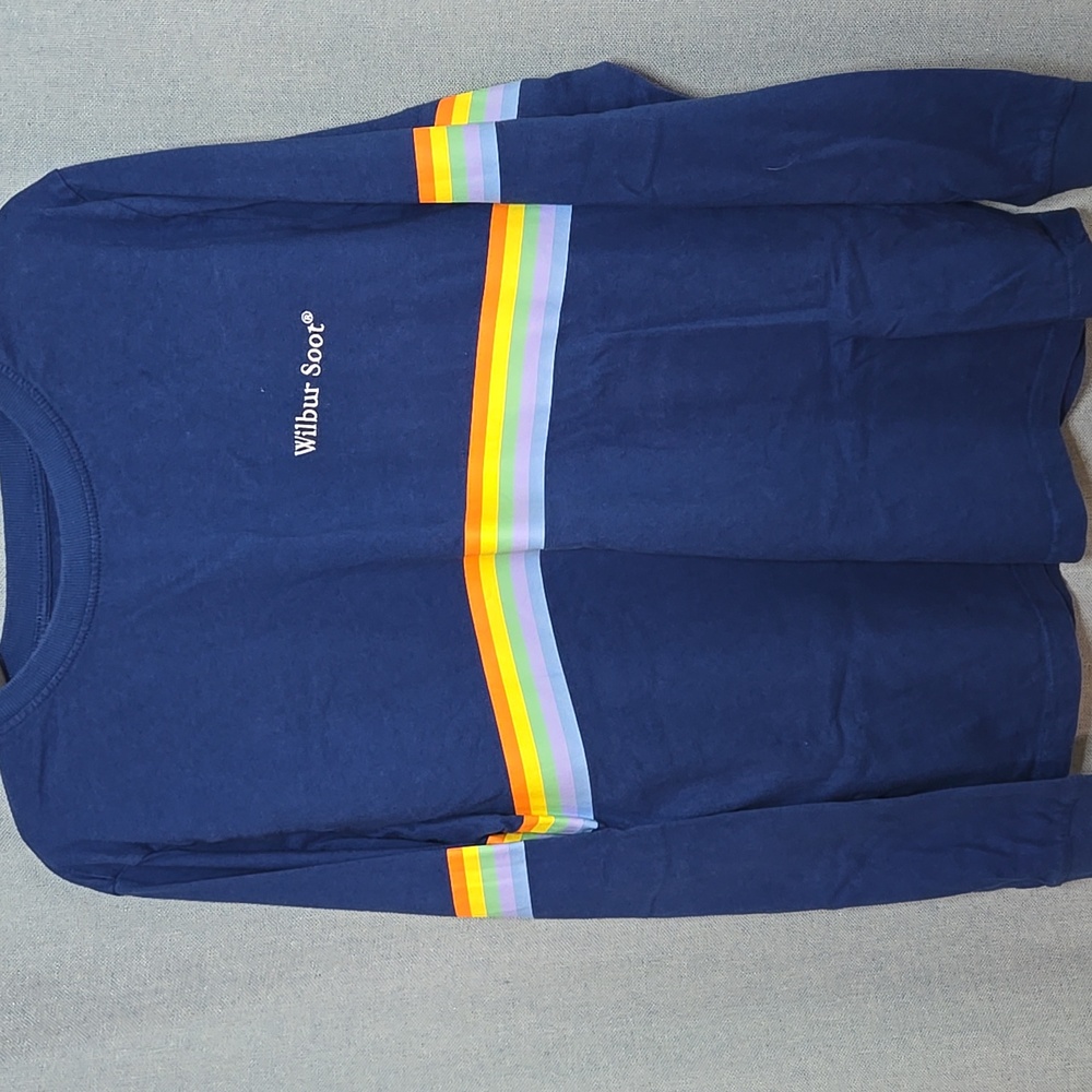 Vintage Blue Long Sleeve Shirt with Rainbow Stripes